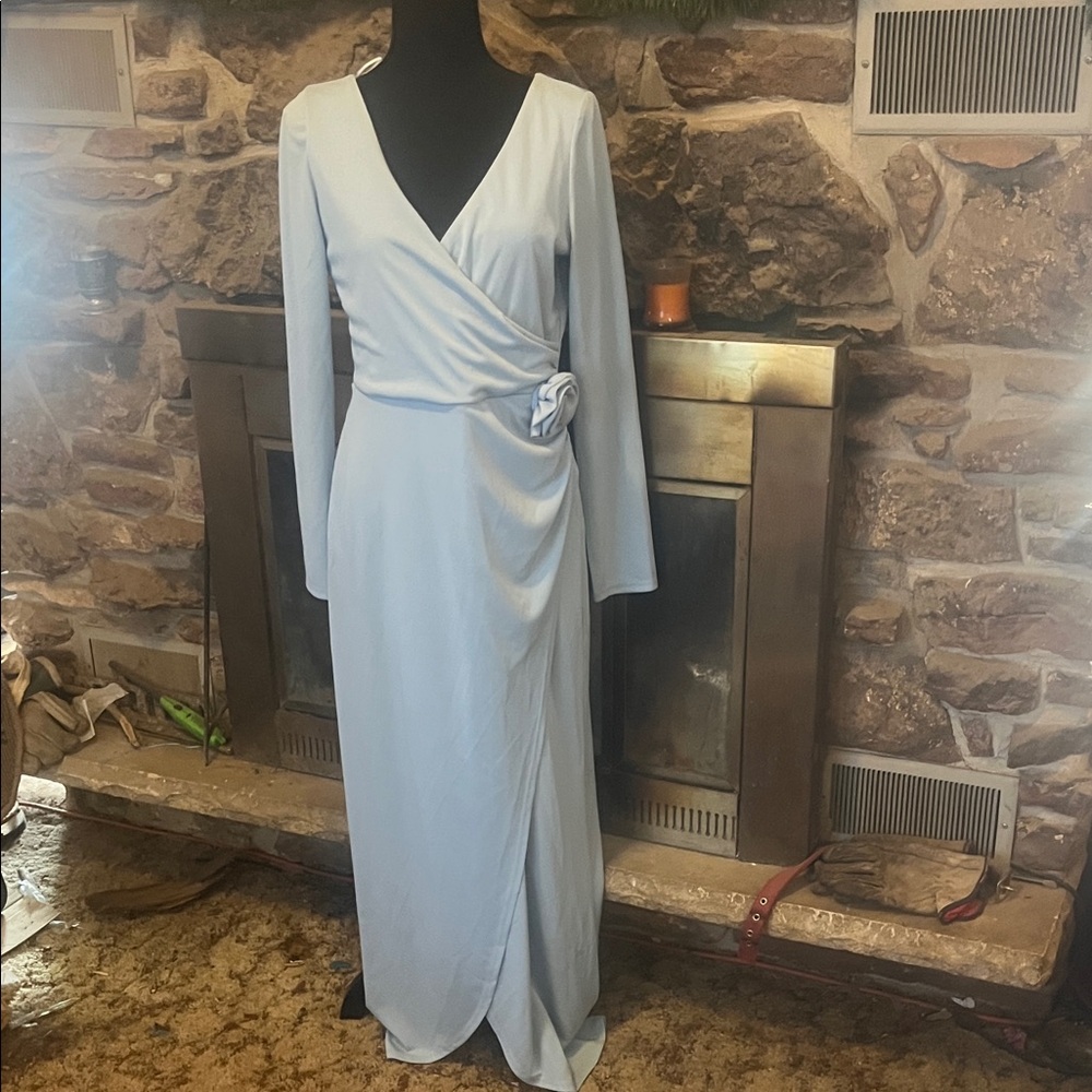 Wayf Blue Long Sleeve Asymmetrical Wrap Dress
